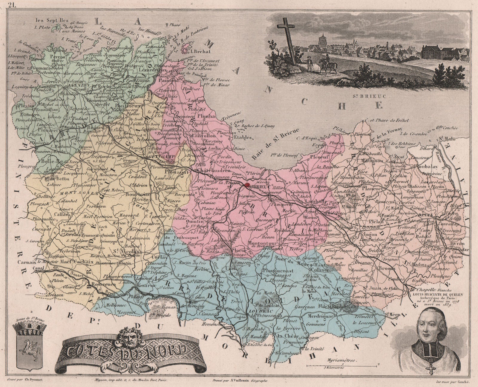 CÔTES-D'ARMOR/'Cotes-du-Nord' Département. St-Brieuc Quelen. VUILLEMIN 1879 map